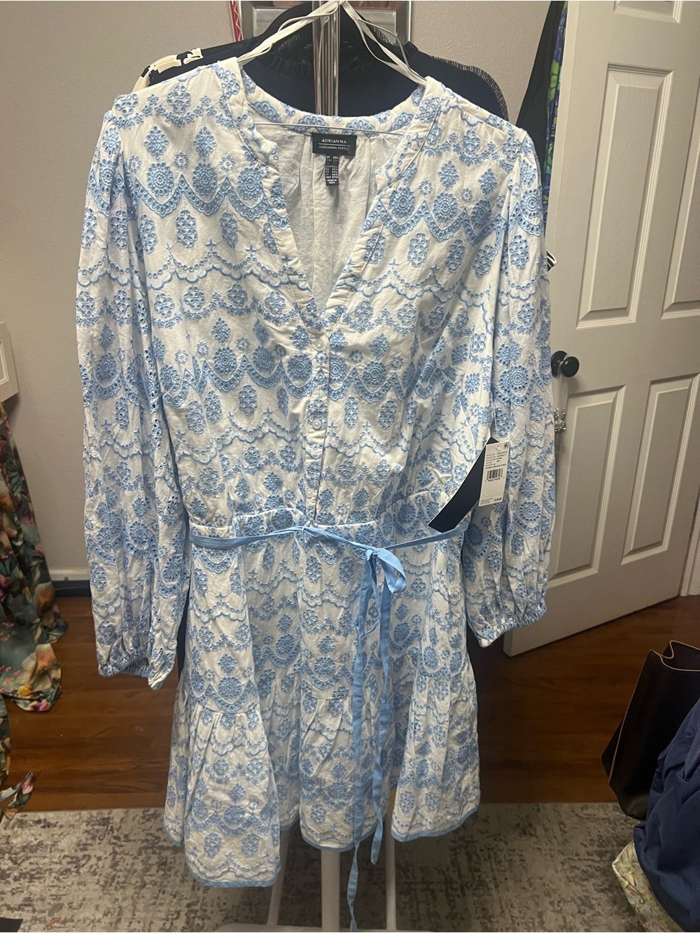 Adrianna Papell Blue and White Long Sleeve Embroidered Dress